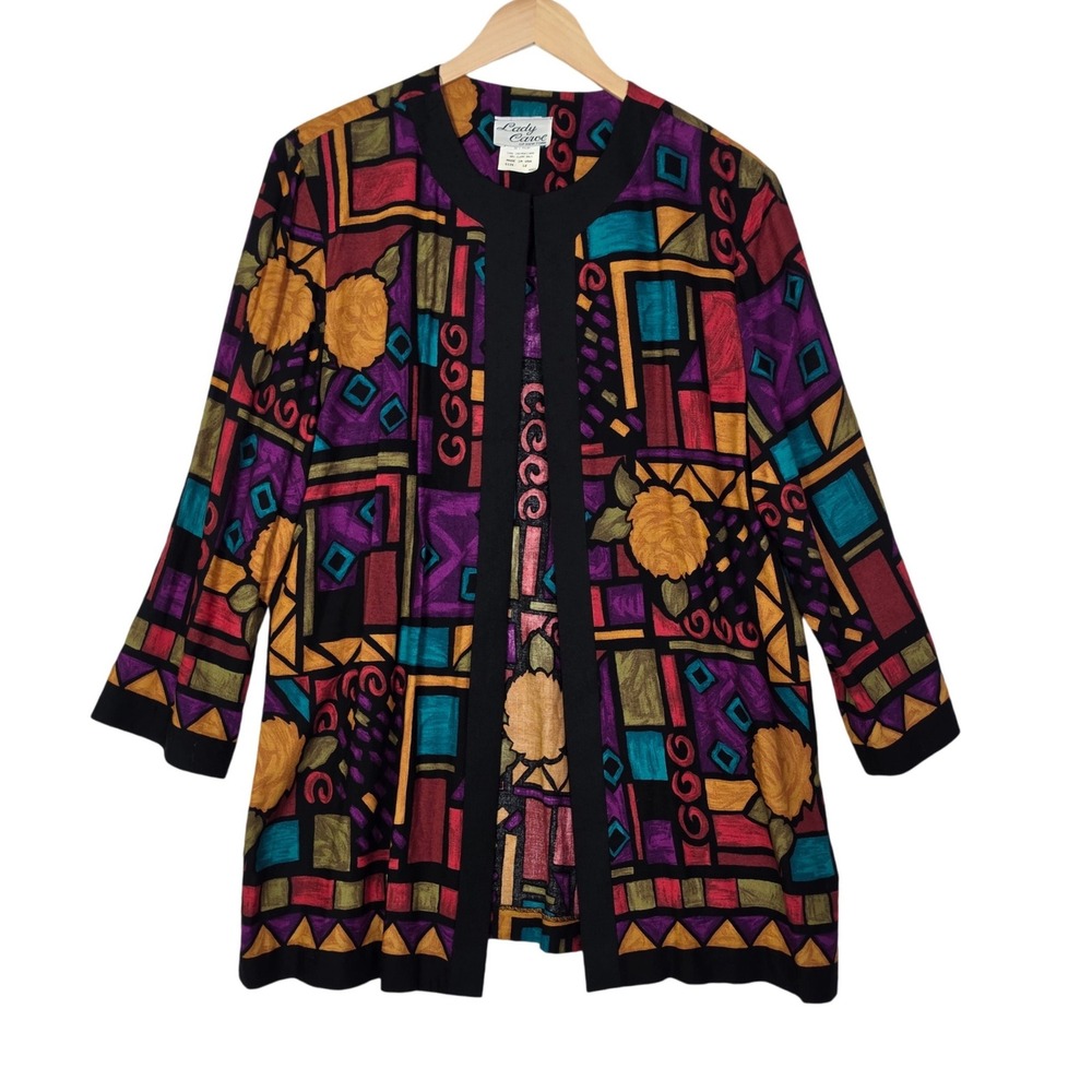 Lady Carol Womens Size 12 Multicolor Geometric  Floral Open Front Jacket Vtg